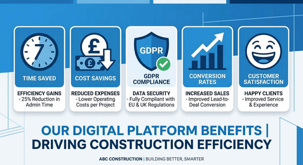 Infographic showing five key benefits of AI automation for UK construction companies including time savings and GDPR compliance