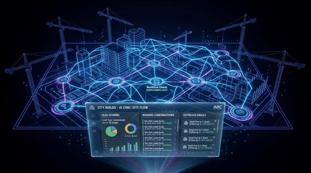 AI automation dashboard overlaid on UK construction site blueprint with glowing blue neural network and CRM lead tracking interface