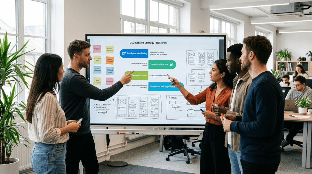 UK agency team of designers, developers, and content strategists collaborating around a digital whiteboard to plan a Generative Engine Optimisation strategy combining structured data, design, and expert content