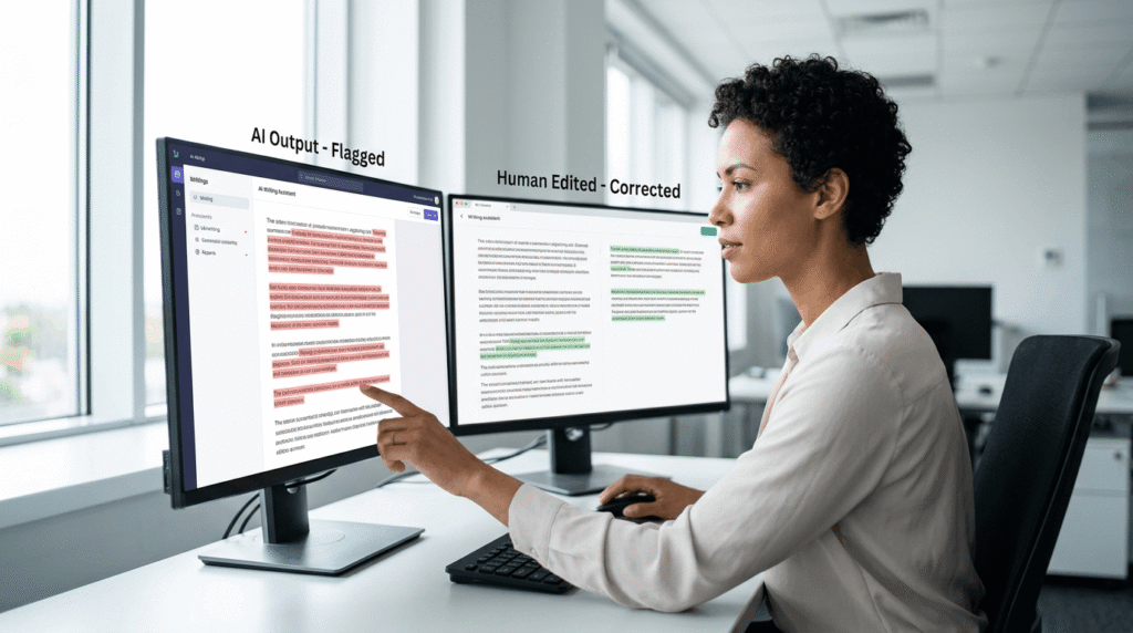 Content editor reviewing and correcting AI-generated text on dual screens, representing the human-in-the-loop quality review process essential to GEO content accuracy and trustworthiness
