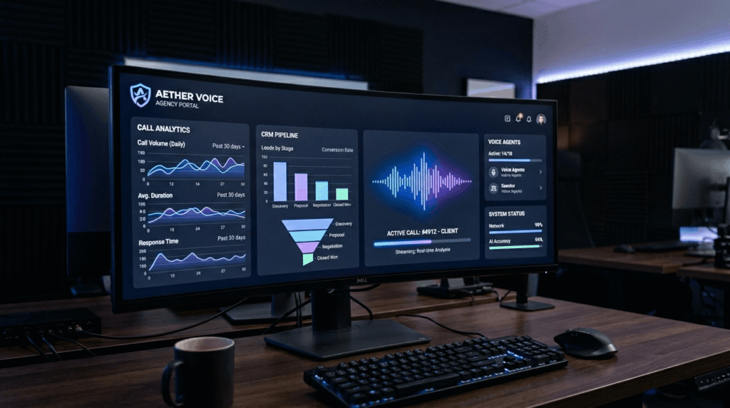 White label voice AI agency dashboard showing branded CRM integration and call analytics