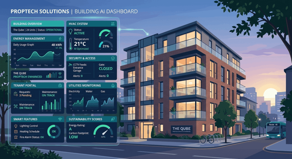AI automation dashboard overlay on a modern UK multifamily apartment building