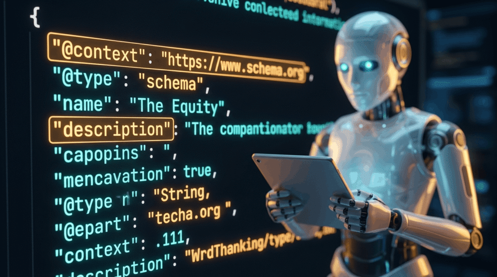 Schema.org structured data markup displayed in a code editor, illustrating how UK agencies implement JSON-LD to improve AI citation and discoverability in generative search engines
