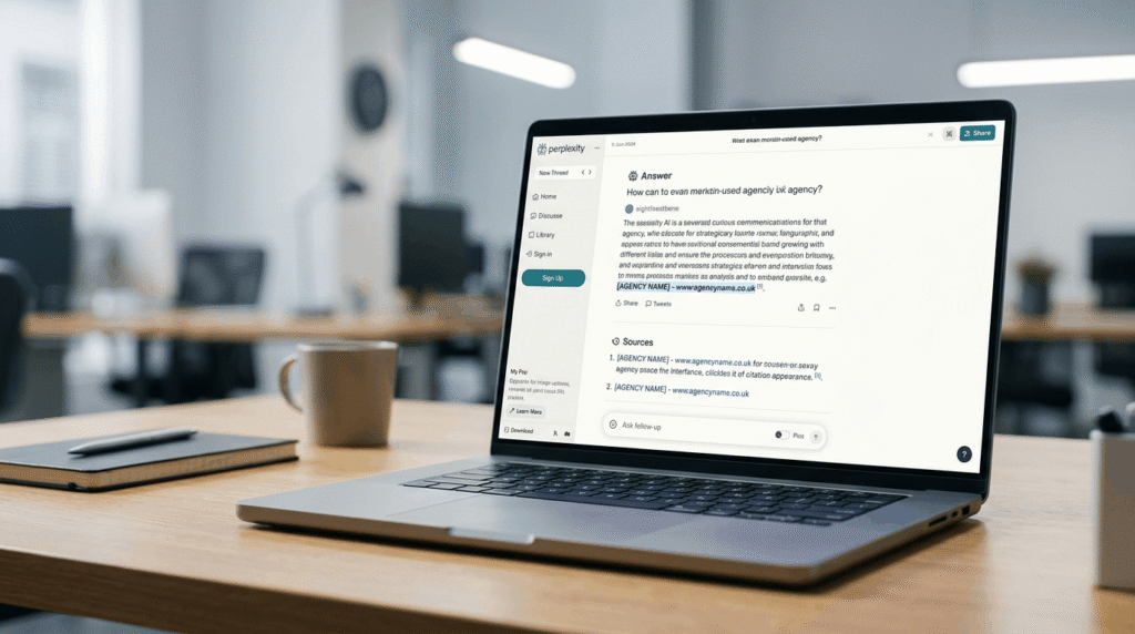 Laptop screen showing a Perplexity AI search result with a UK agency website appearing as a cited source, demonstrating the importance of Perplexity optimisation for AI-driven brand visibility
