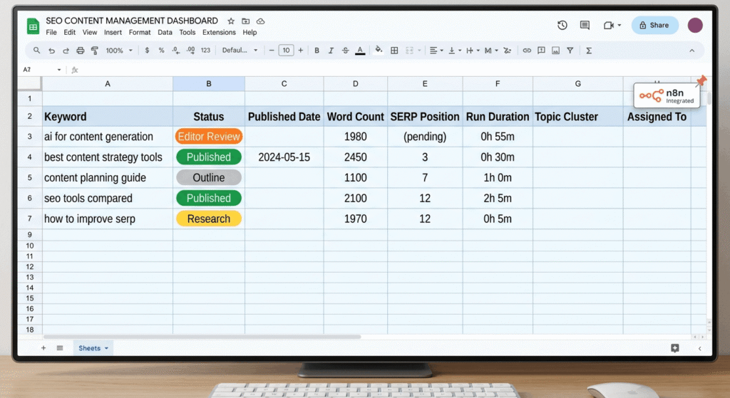 Google Sheets dashboard integrated with n8n SEO automation, showing columns for keyword tracking, article status, and pipeline performance metrics
