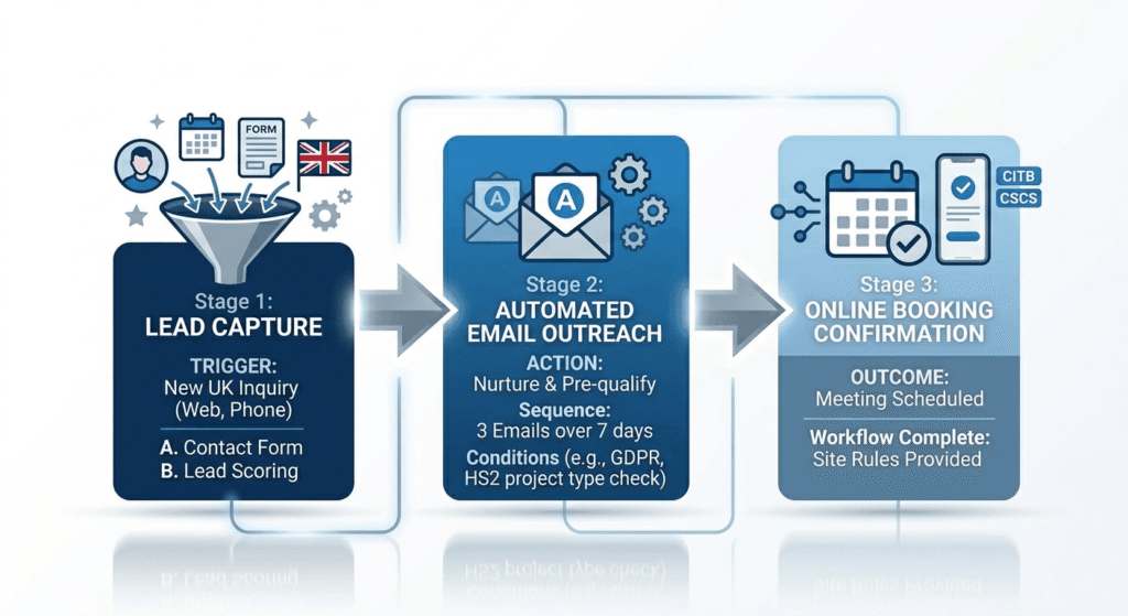 Workflow diagram showing lead follow-up automation, outreach emails, and booking process automation for construction firms
