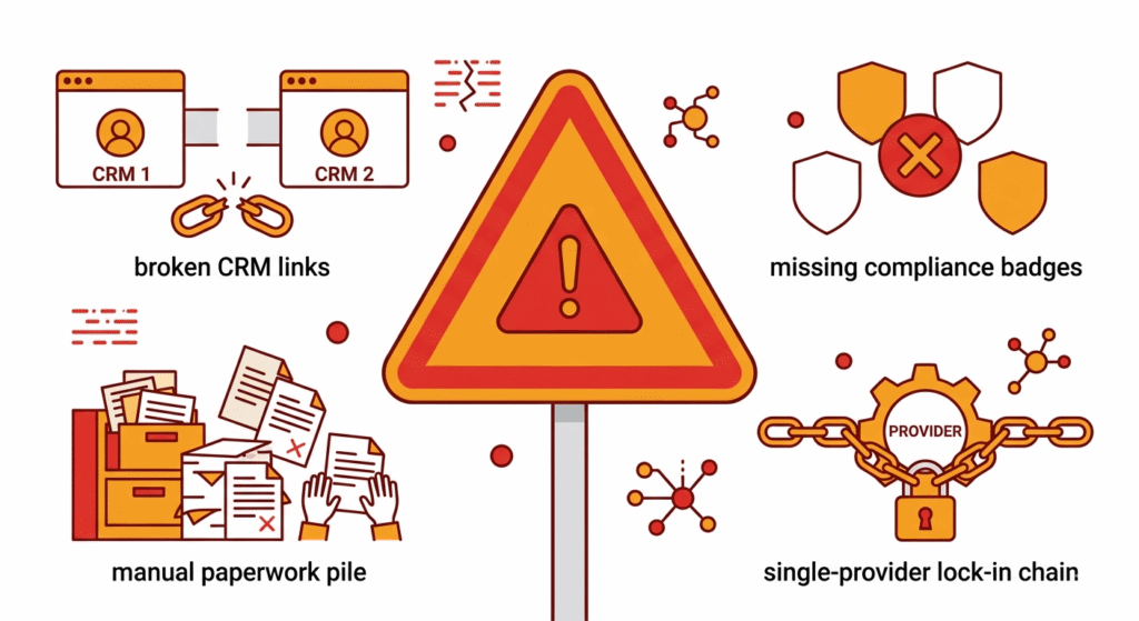 Warning illustration showing common mistakes agencies make when launching white label voice AI including CRM errors and compliance gaps
