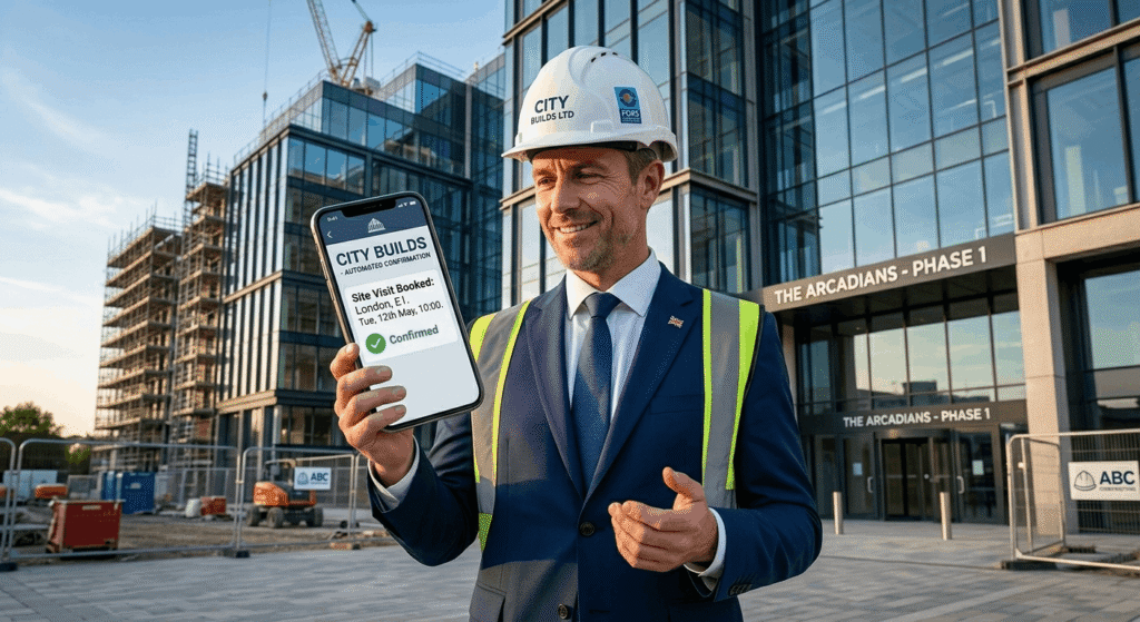 UK construction business owner receiving automated booking confirmation via mobile phone