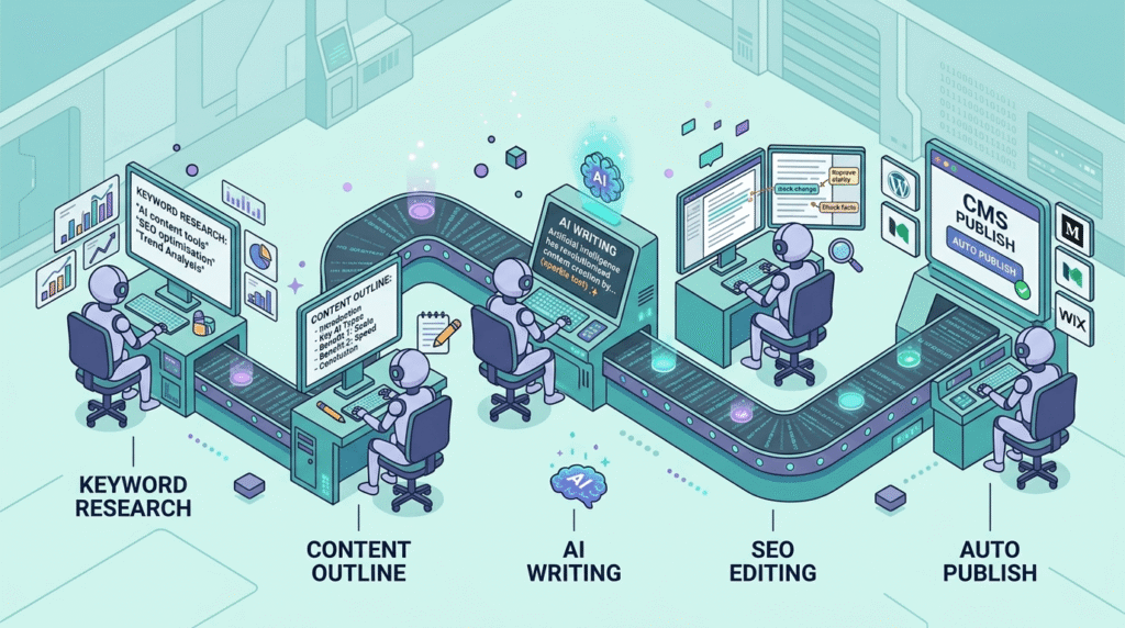Isometric illustration of an automated content pipeline with AI agents handling research, outlining, writing, editing, and publishing stages