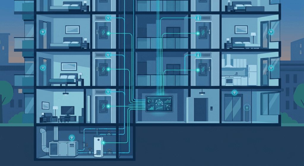 Diagram showing building sensors connected to an AI property management platform for predictive maintenance and energy monitoring