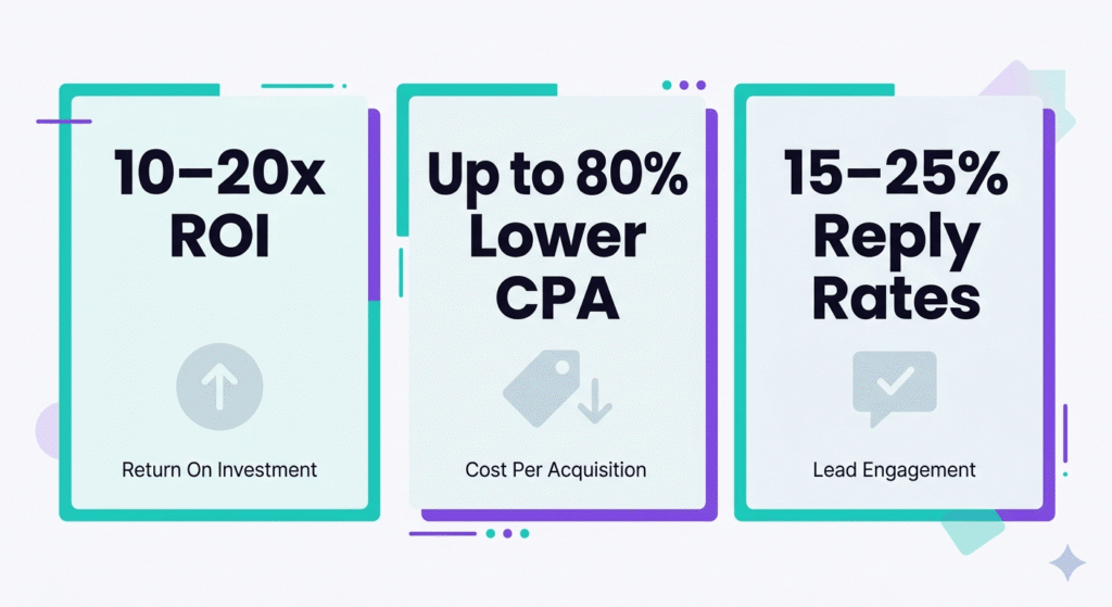 Cold email automation performance stats showing 10 to 20x ROI, 80 percent lower cost-per-acquisition, and 15 to 25 percent reply rates based on 2026 industry research
