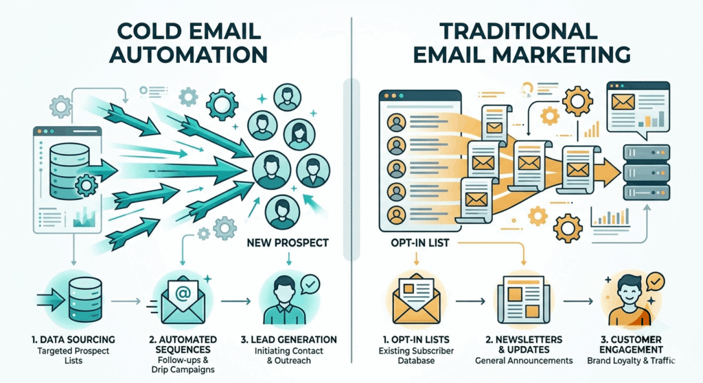 Side-by-side comparison of cold email automation and traditional email marketing showing audience targeting, sequencing, and CRM integration differences
