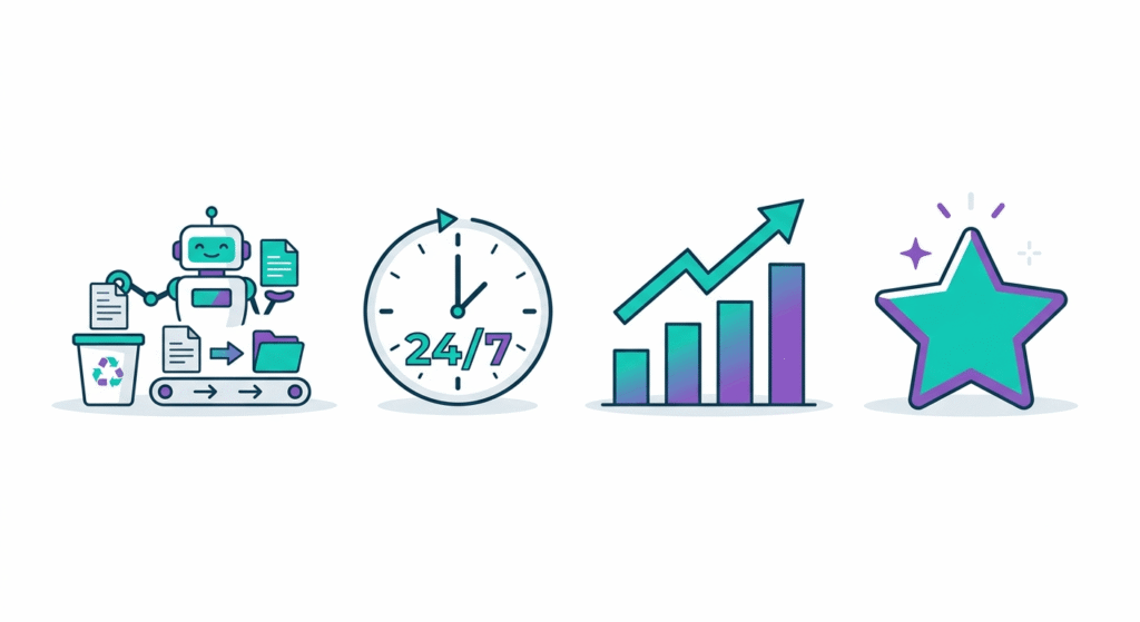 Infographic showing key benefits of AI property management including cost savings, 24/7 support, and improved efficiency