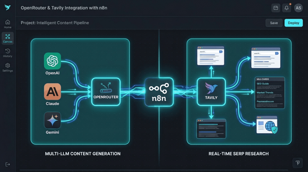 Diagram showing OpenRouter providing multi-LLM content generation and Tavily providing real-time SERP research, both integrated into an n8n workflow
