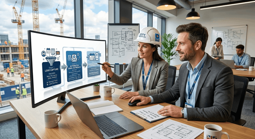 UK construction team planning AI lead follow-up and booking automation workflow implementation