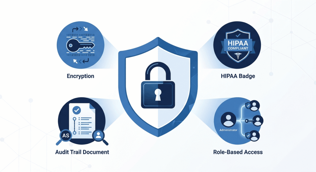 HIPAA compliance and data security illustration for voice AI platforms showing encryption, access controls, and audit trails
