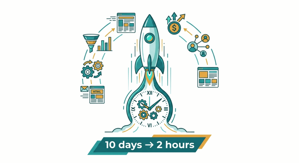 Illustration showing client onboarding time reduced from 10 days to 2 hours using GoHighLevel SaaS Snapshots