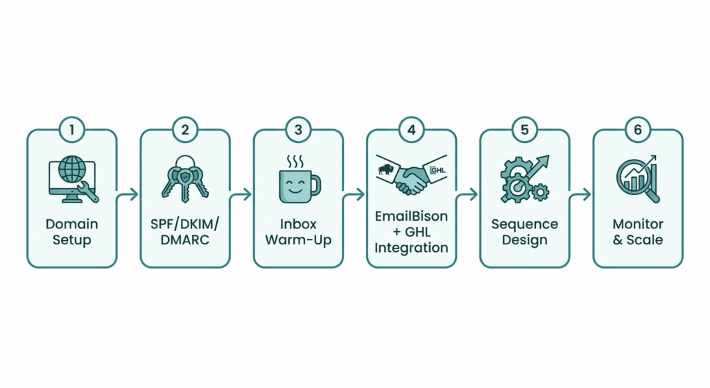 Six-step setup workflow for cold email automation using EmailBison and GoHighLevel, from domain configuration to campaign monitoring and scaling