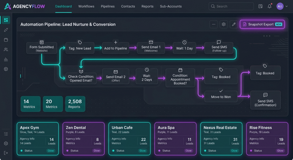 GoHighLevel SaaS Snapshot agency dashboard showing workflow automation and client sub-account management