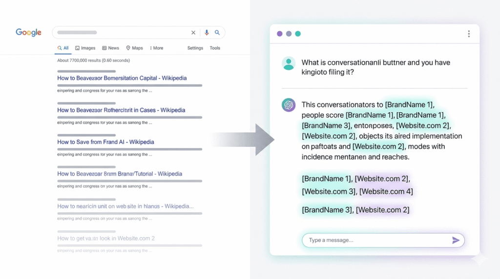Split-screen comparison showing traditional Google SERP links on the left transitioning to an AI-generated conversational answer with brand citations on the right, representing the shift to generative search in 2026
