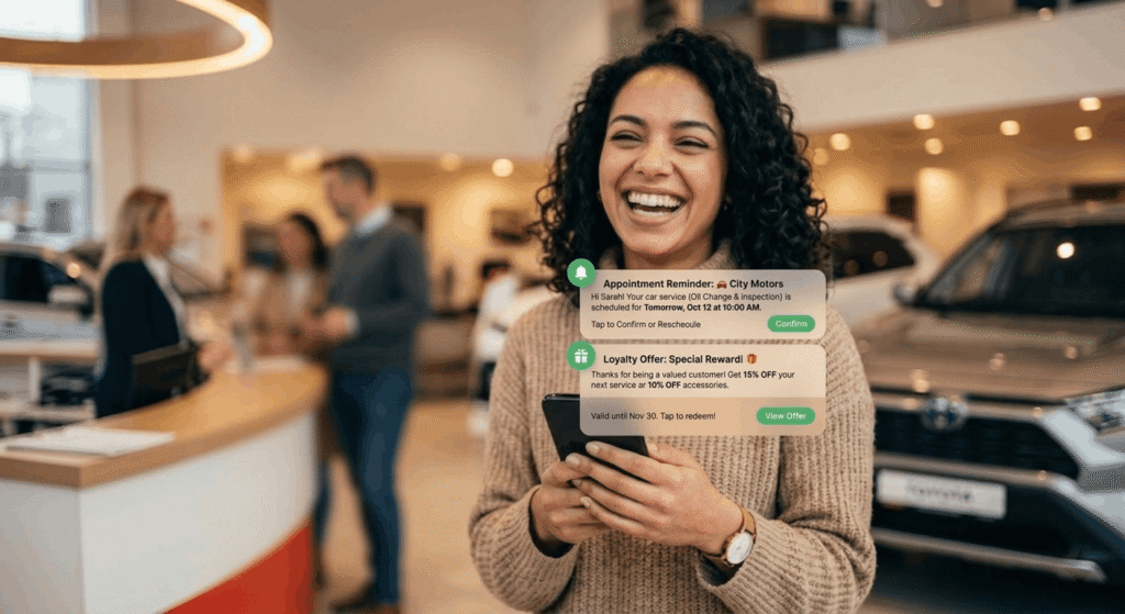 Smartphone displaying automated AI appointment reminders and loyalty notifications from a car dealership
