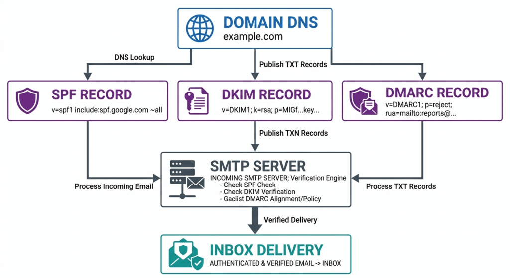 Email infrastructure diagram illustrating SPF, DKIM, and DMARC DNS record setup connected to SMTP server for cold email deliverability