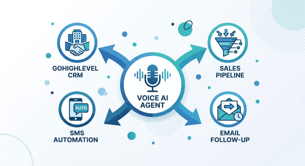 Flowchart diagram showing voice AI integration with GoHighLevel CRM, SMS automation, and email follow-up workflows