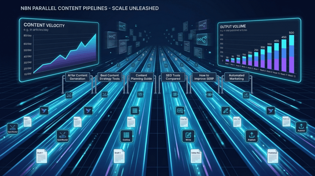 Visual representation of n8n parallel processing running multiple SEO content pipelines simultaneously to scale blog production

