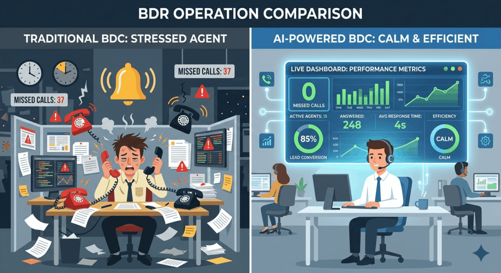 Side-by-side comparison of traditional BDC staff versus AI receptionist performance at a car dealership
