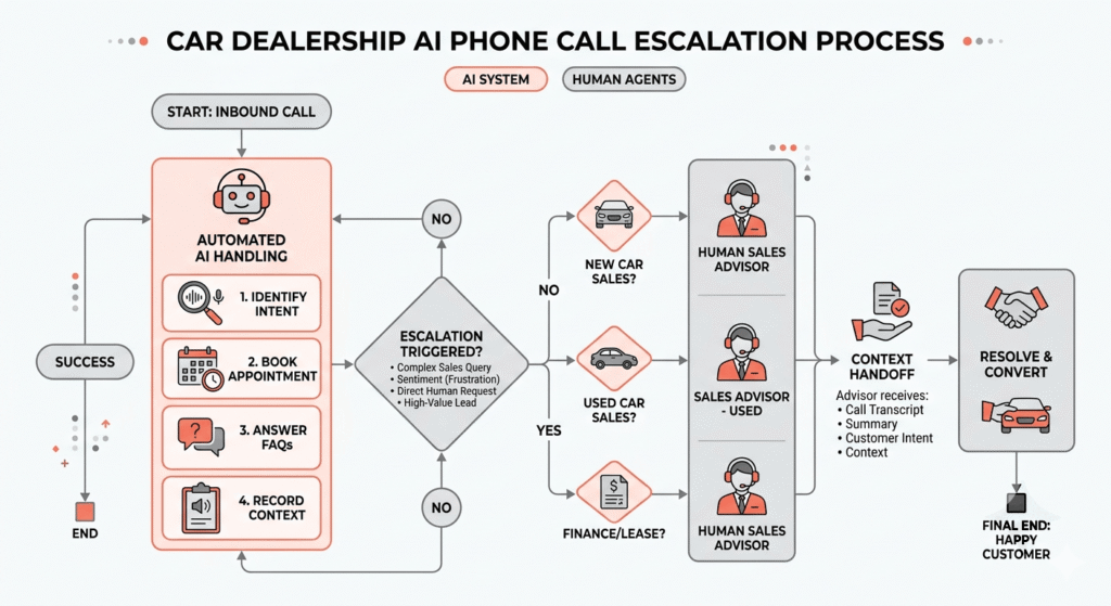 Flowchart of AI call escalation process from automated handling to human dealership advisor
