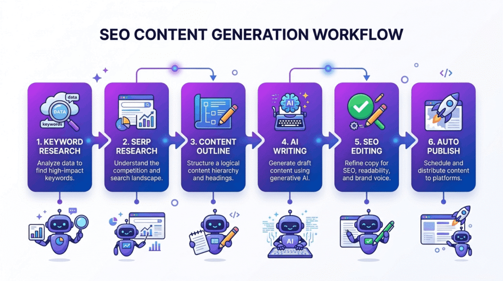 Flowchart showing the six stages of an n8n multi-agent SEO content pipeline from keyword research to automated publishing

