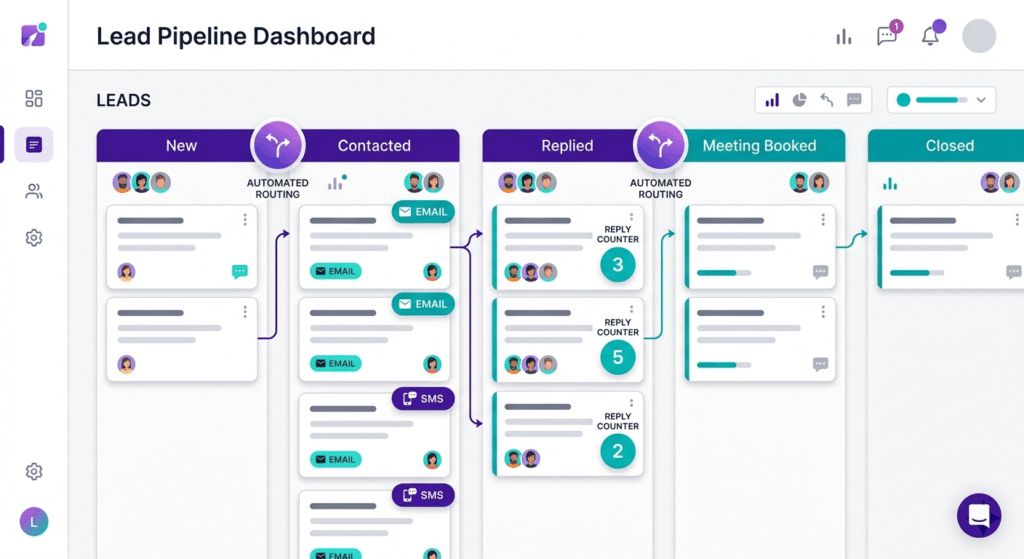 GoHighLevel CRM pipeline dashboard mockup showing automated lead routing, pipeline stages, and multichannel follow-up for cold email campaign management