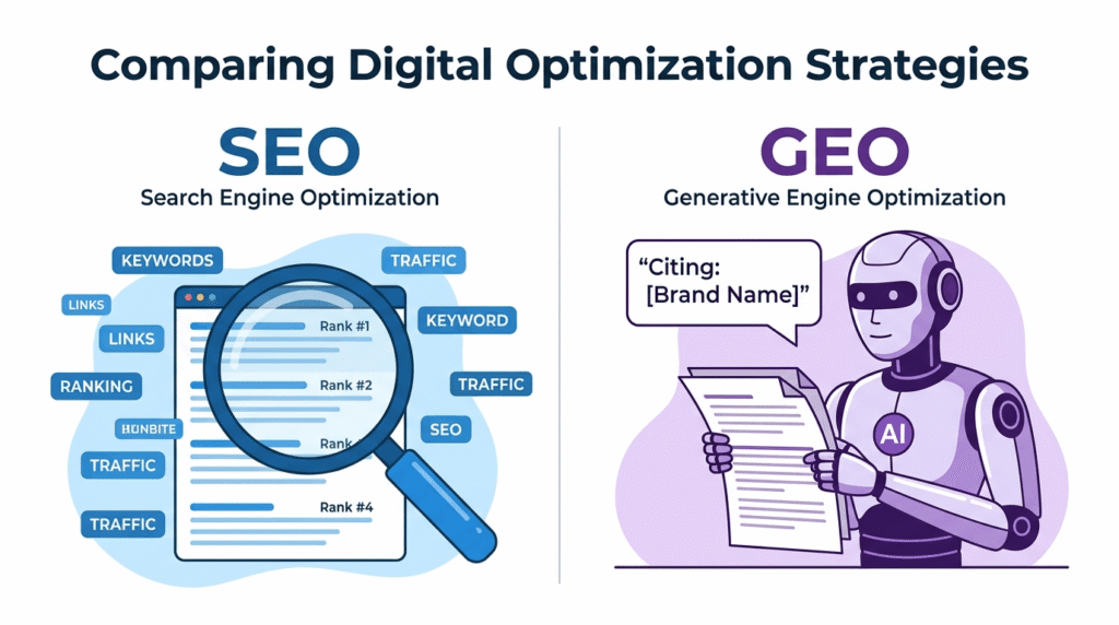 Side-by-side illustration contrasting traditional SEO — showing ranked search links and keyword tags — with Generative Engine Optimisation (GEO), showing an AI model citing a brand in a conversational answer
