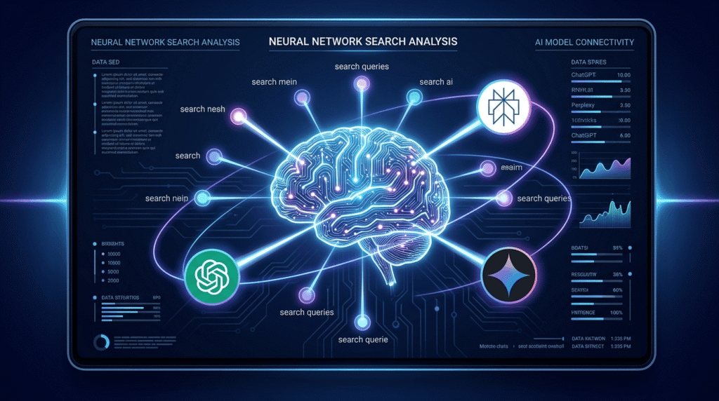 AI-powered search platforms ChatGPT, Perplexity, and Gemini connected to a central brain node — illustrating Generative Engine Optimisation (GEO) for UK agencies in 2026