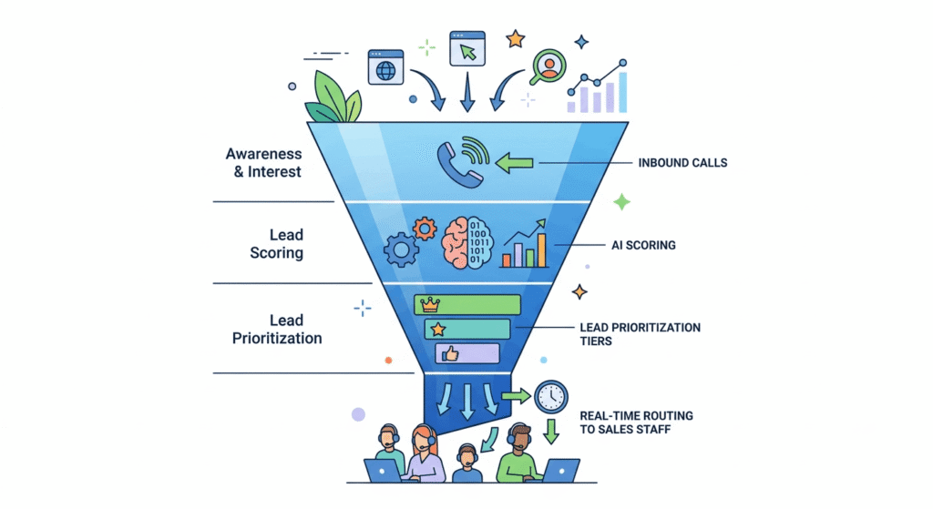 AI-powered lead qualification funnel for car dealerships showing scoring and real-time routing