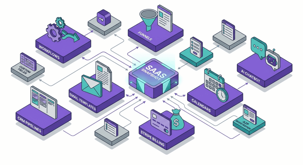Diagram of GoHighLevel SaaS Snapshot asset types including workflows, CRM automation, funnels, AI integrations, and billing
