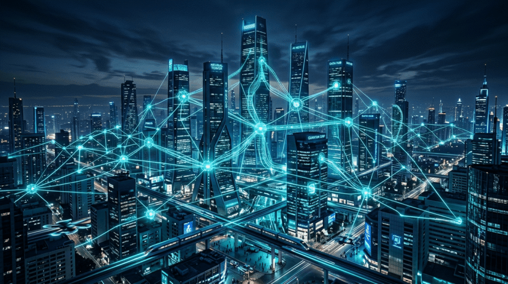 AI-powered digital network connecting business systems representing AI business transformation