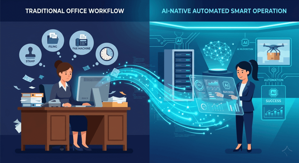 Illustration comparing traditional business workflow versus AI-native automated operations