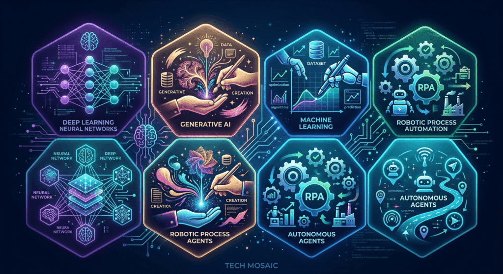Overview of AI technologies including machine learning, deep learning, generative AI, and robotic process automation