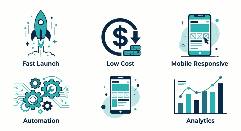 Illustrated benefits of using GoHighLevel website templates including fast launch, low cost, mobile responsiveness, and built-in automation