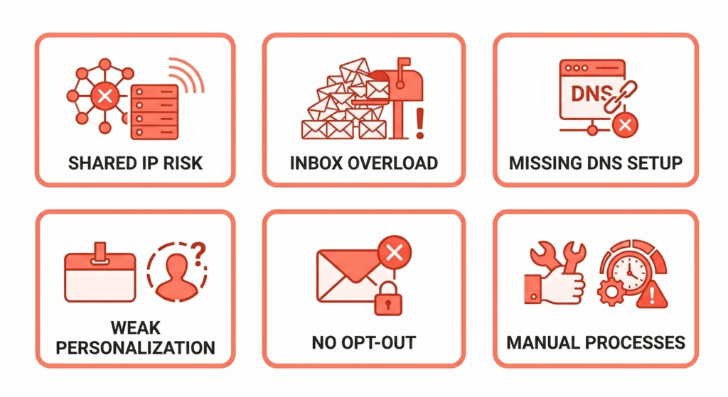 "Six common cold email scaling mistakes illustrated as warning cards: shared IP risk, mailbox overload, missing DNS records, generic personalization, missing opt-out, and manual workflows"