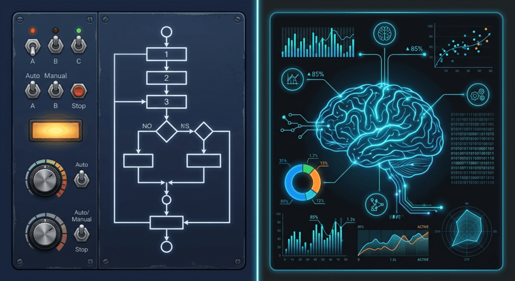 Split-screen comparison of traditional rule-based marketing automation versus AI-powered adaptive marketing automation interface