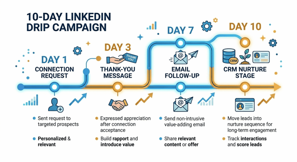  10-day LinkedIn drip campaign timeline showing automated outreach steps from connection request to CRM nurturing