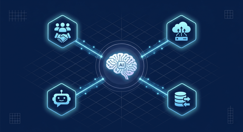 Illustration showing an AI brain connected to business applications through API network lines