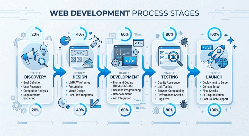 Web development process diagram showing five stages — discovery, design, development, testing, and launch — for US businesses
