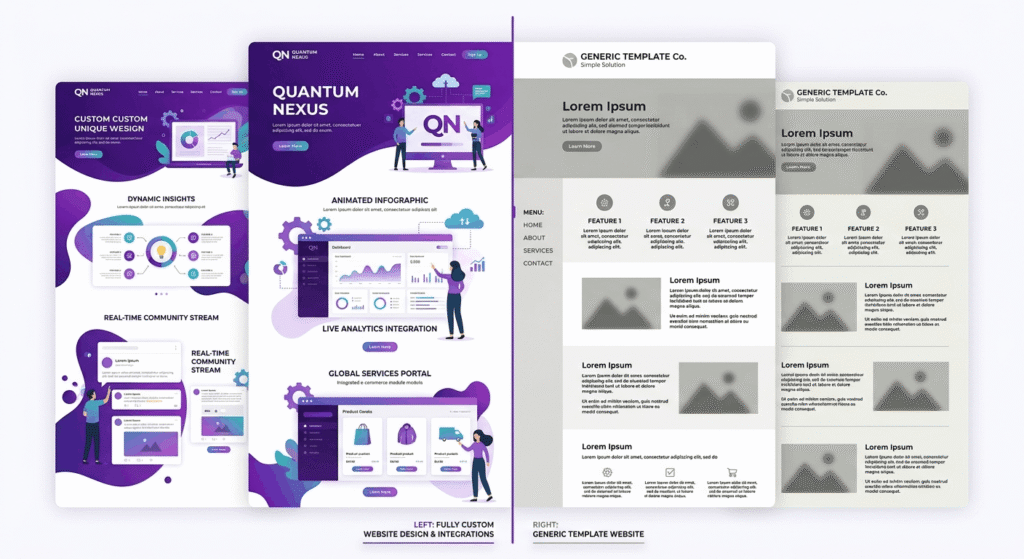 Side-by-side comparison of custom web development versus template-based website solutions for US businesses
