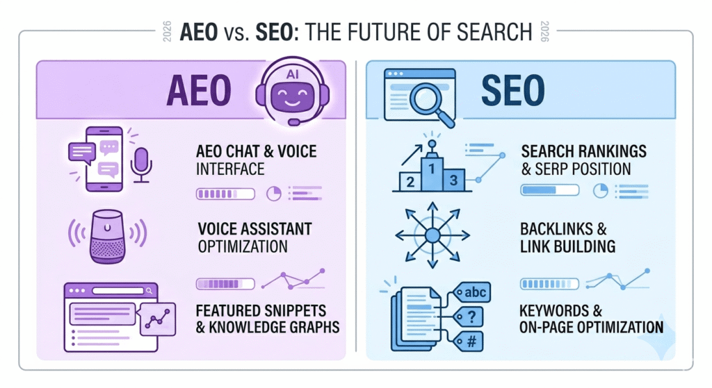 Comparison diagram showing AEO focused on AI citations and voice answers versus SEO focused on rankings and organic traffic