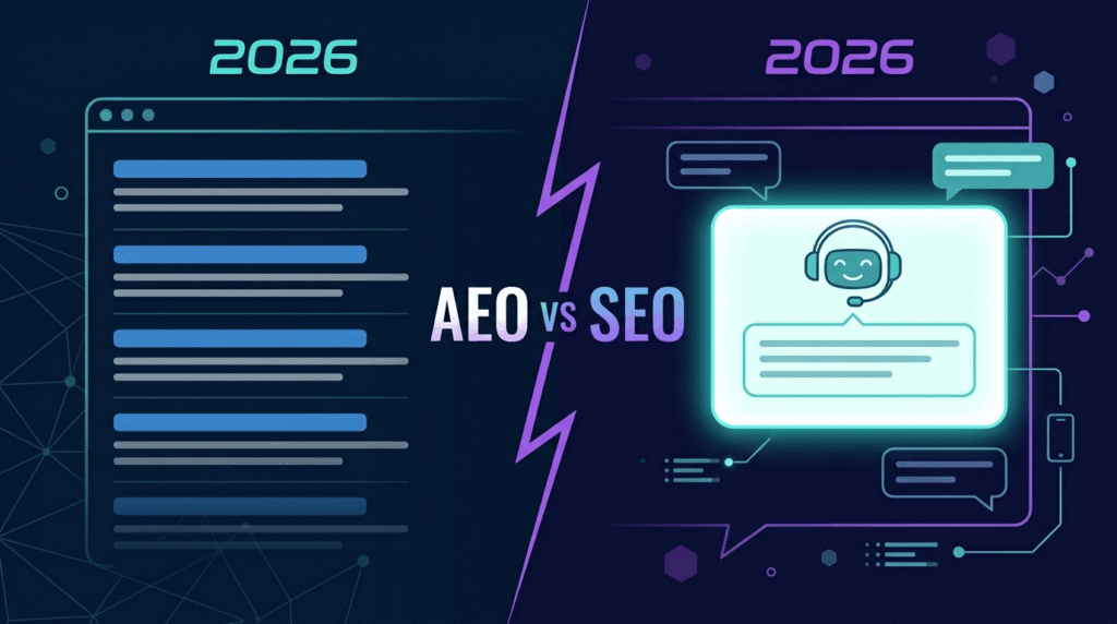 Featured image for AEO vs SEO blog post showing a split illustration of traditional search rankings on the left and an AI-powered zero-click answer interface on the right, representing the future of search in 2026