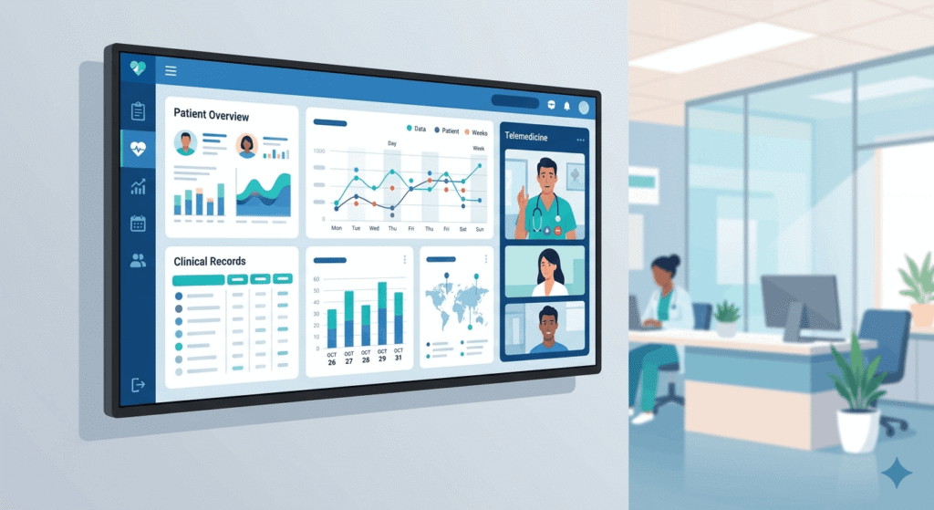 Custom healthcare software dashboard showing EHR, patient records, and telemedicine interface