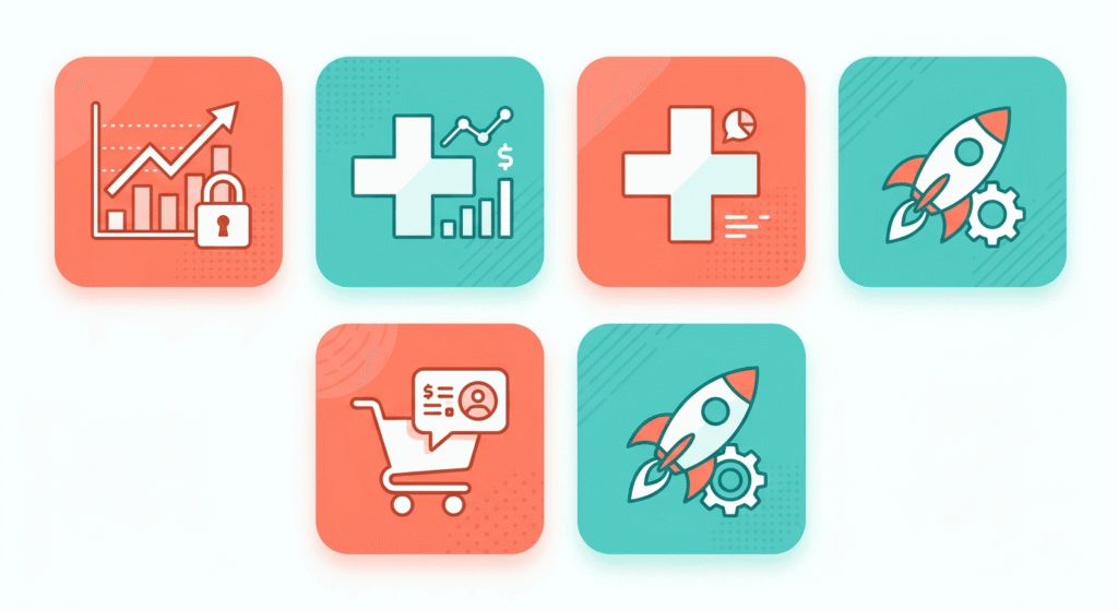 Icon grid representing AI framework use cases across four industries: finance, healthcare, retail, and startups